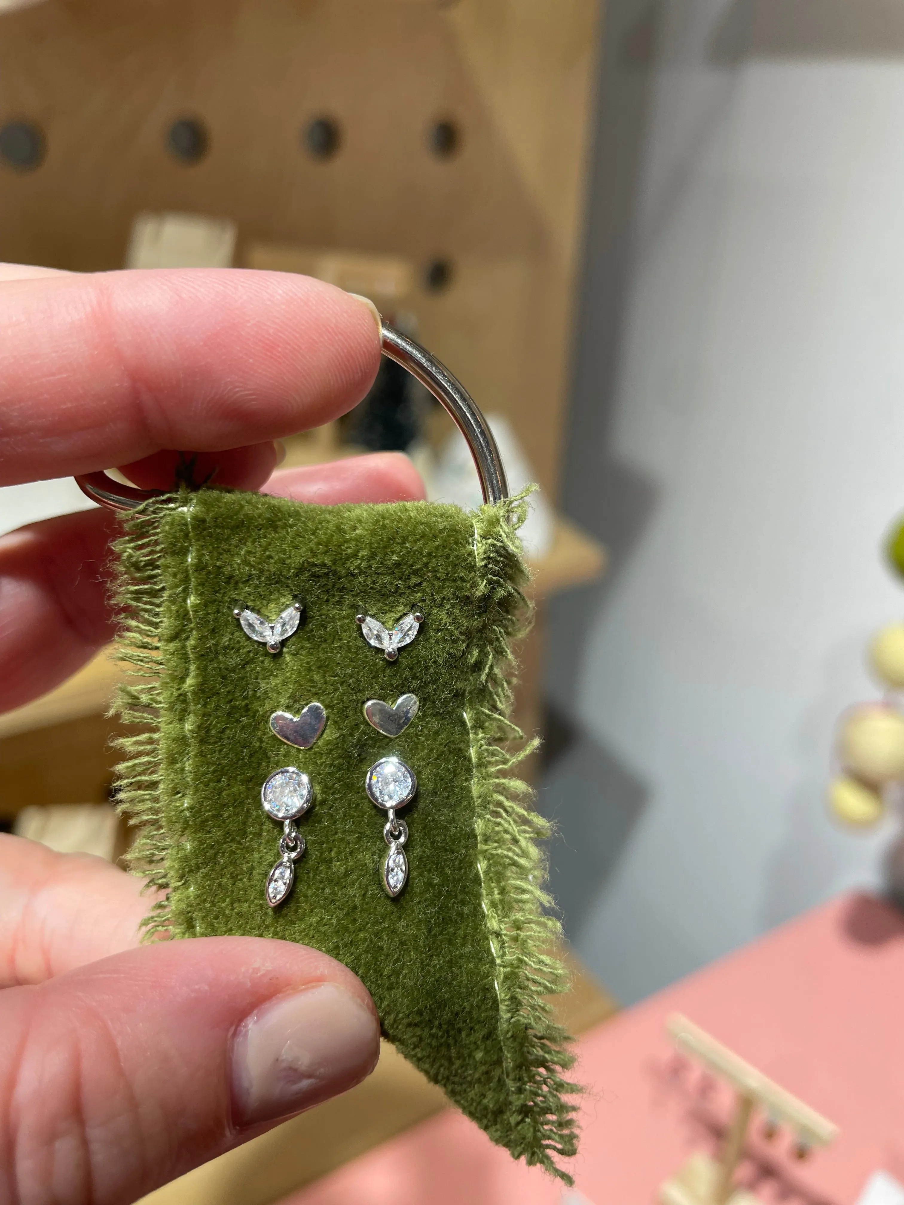 Ornament Three Post Stud Earring Package on Velvet Ribbon Gold or Silver Gemstone