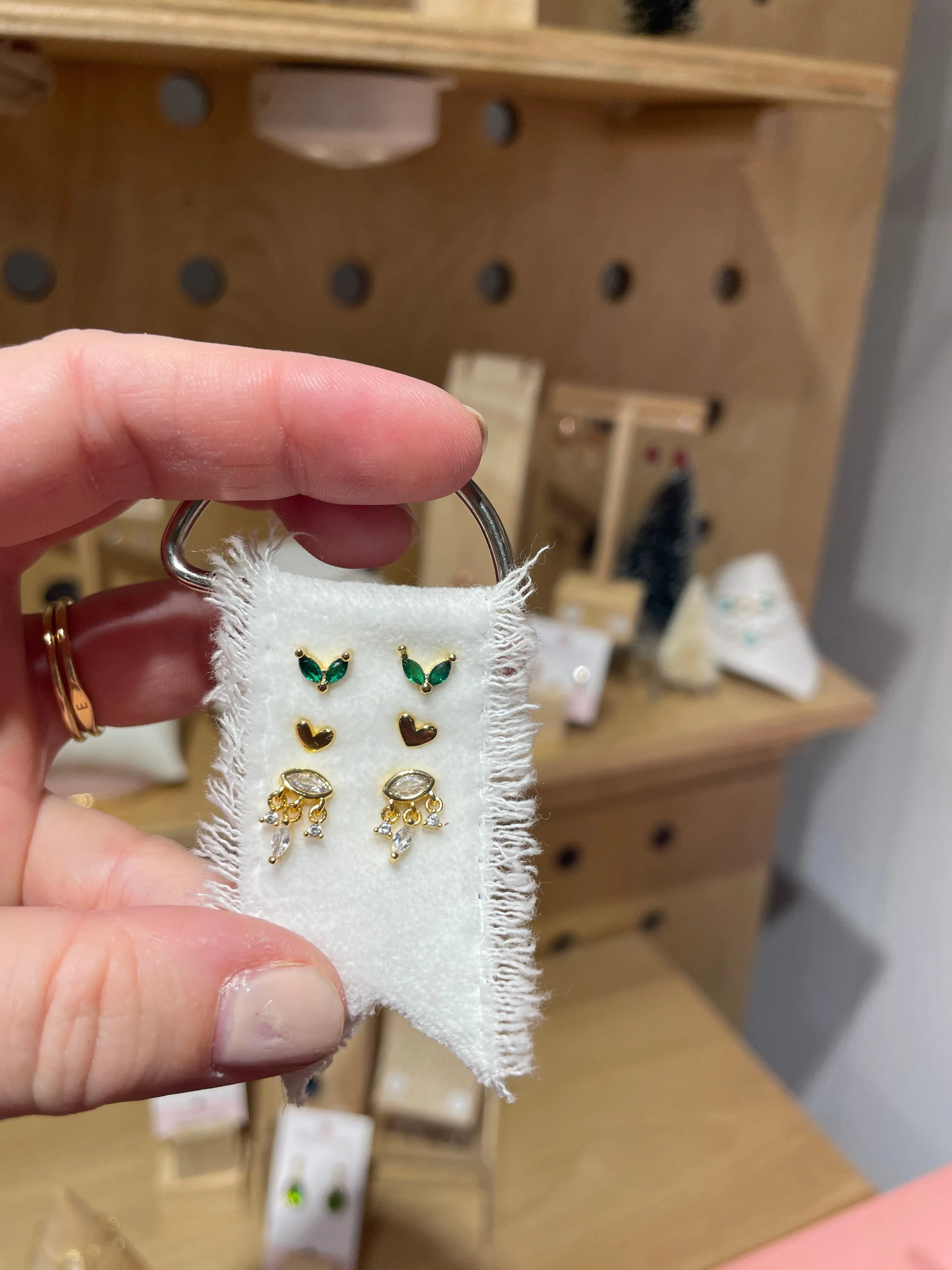 Ornament Three Post Stud Earring Package on Velvet Ribbon Gold or Silver Gemstone