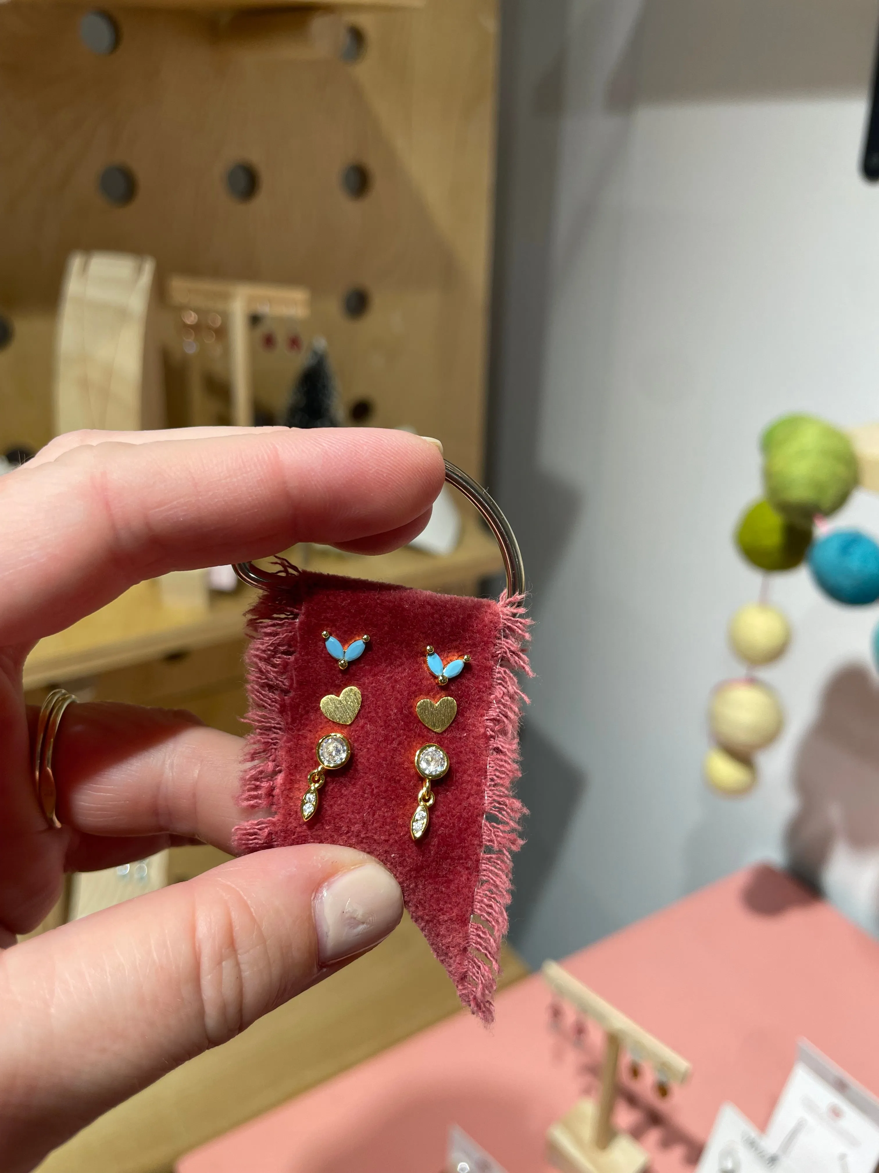 Ornament Three Post Stud Earring Package on Velvet Ribbon Gold or Silver Gemstone