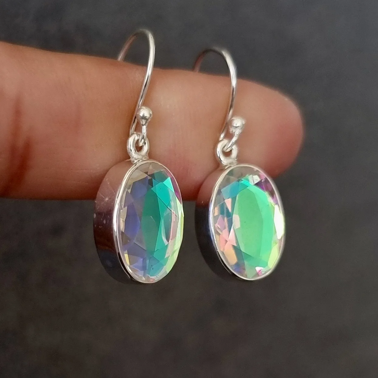Oval Mystic Mercury Mist Topaz Silver Earrings, 14mm x 10mm, FQZE14