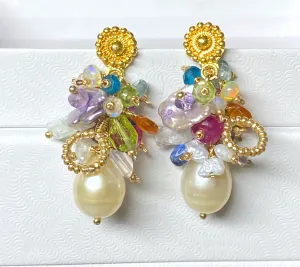 Pearl and Multi Gemstone Cluster Earrings
