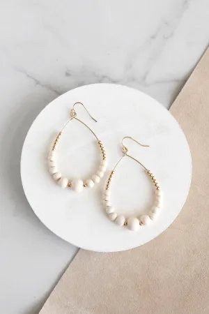 PennyLine inc - Natural Wood & Gold Beaded Teardrop Hoop Earrings in Cream