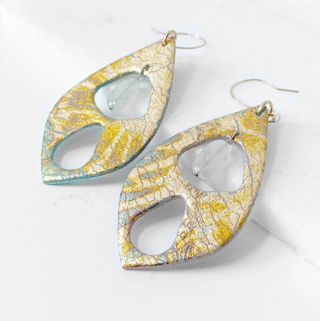Polymer Clay Earrings , Gold Foil Earrings, statement Earrings, Green Earrings-
