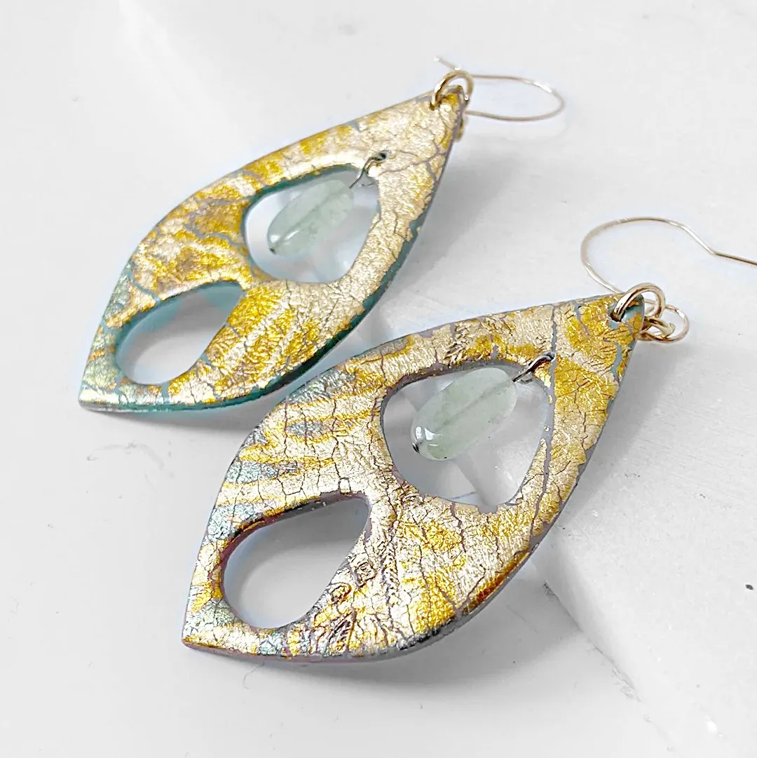 Polymer Clay Earrings , Gold Foil Earrings, statement Earrings, Green Earrings-