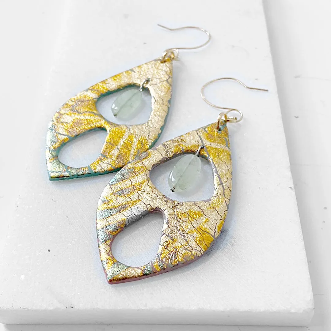 Polymer Clay Earrings , Gold Foil Earrings, statement Earrings, Green Earrings-