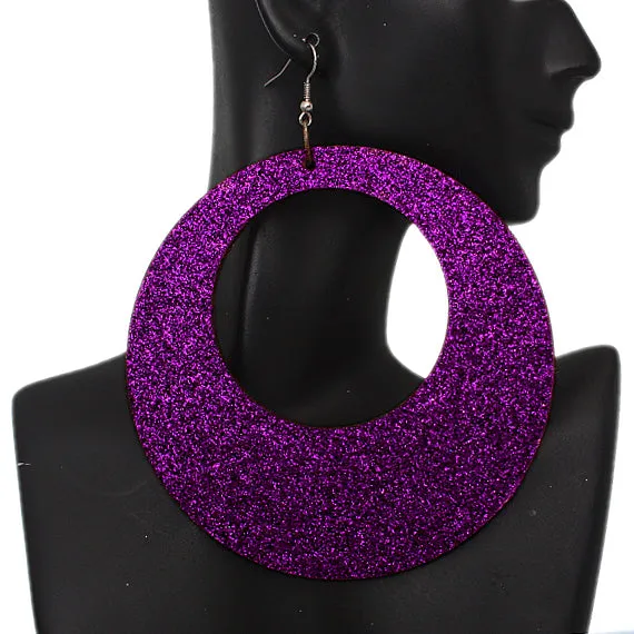 Purple Big Wooden Glitter Hoop Earrings