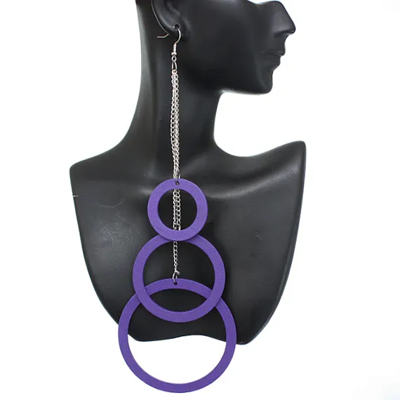 Purple Wooden Cascade Drop Chain Hoop Earrings