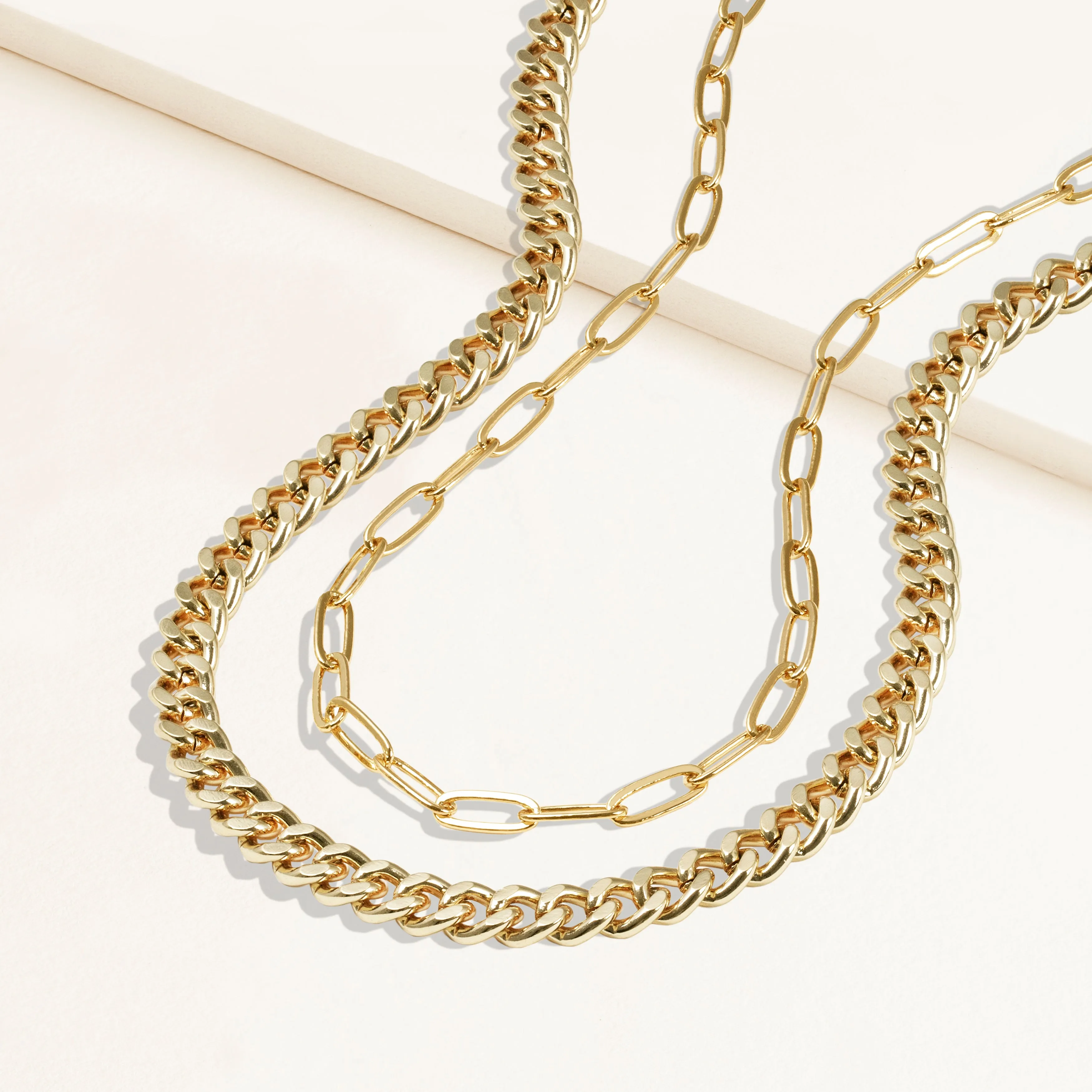 "Celina Duo" Set of Two Curb & Thin Clip Chain Layering Necklaces