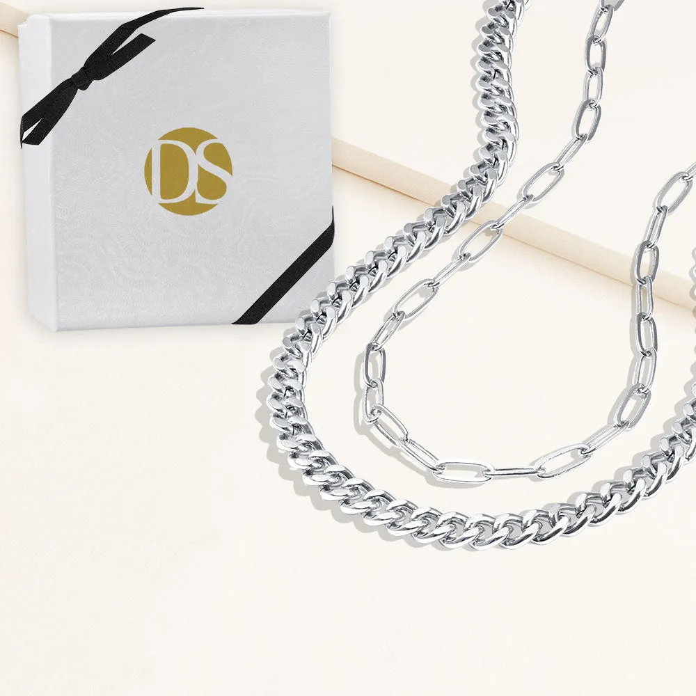 "Celina Duo" Set of Two Curb & Thin Clip Chain Layering Necklaces