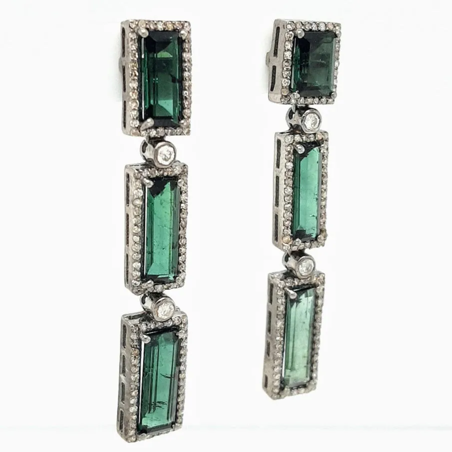 "Green Mile" 2" Earrings - Green Tourmaline, Diamonds, Black Sterling