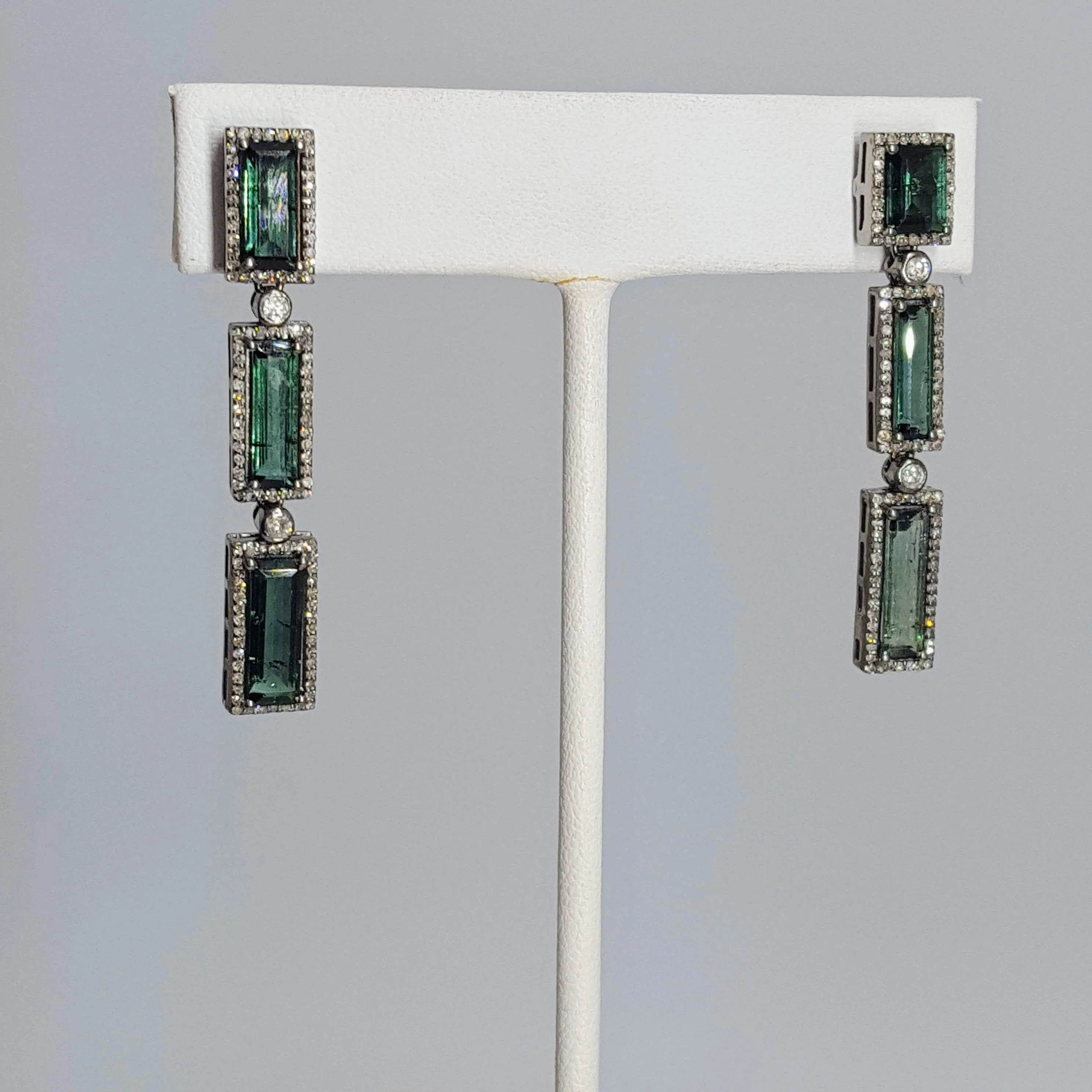 "Green Mile" 2" Earrings - Green Tourmaline, Diamonds, Black Sterling