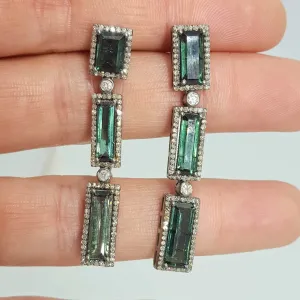 "Green Mile" 2" Earrings - Green Tourmaline, Diamonds, Black Sterling