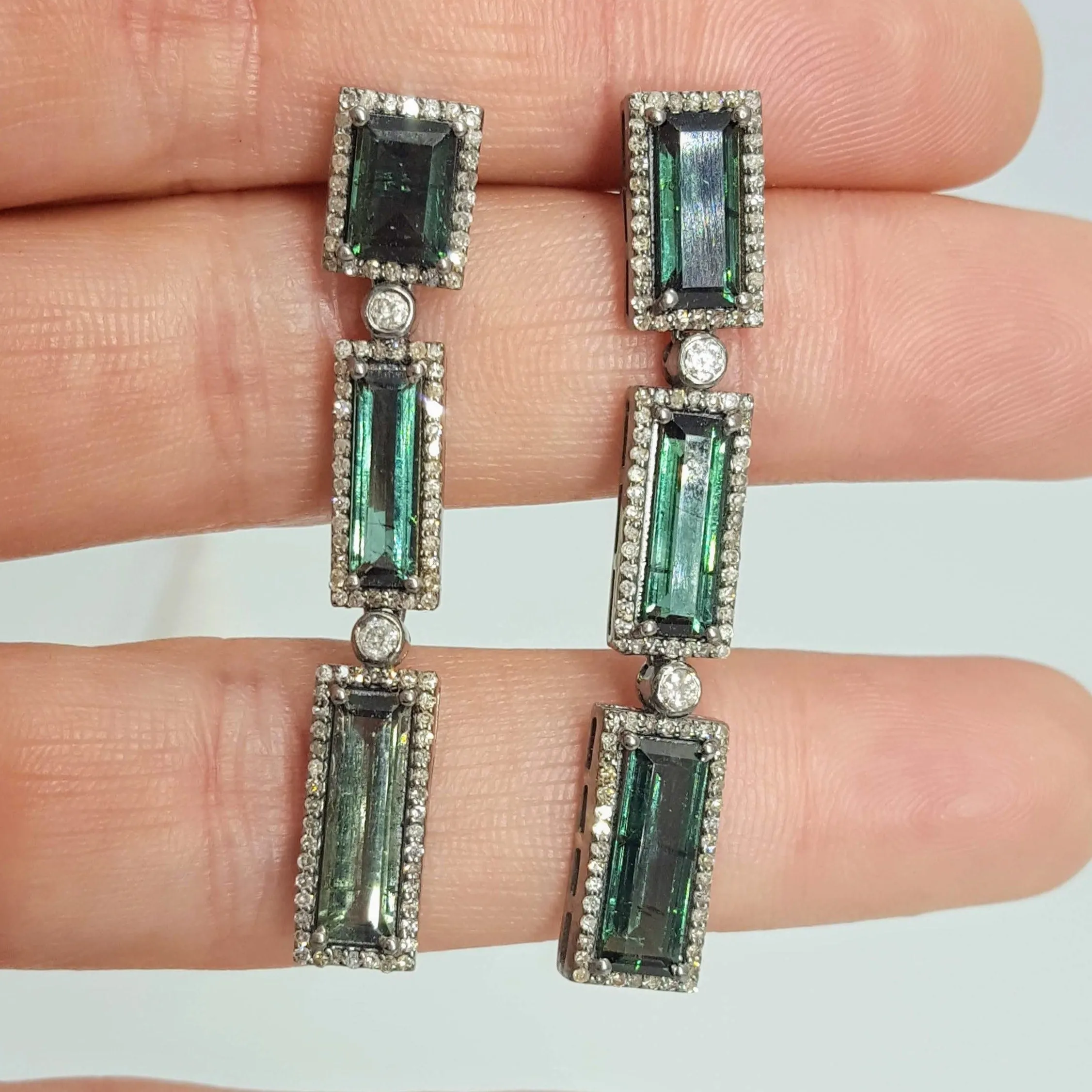"Green Mile" 2" Earrings - Green Tourmaline, Diamonds, Black Sterling