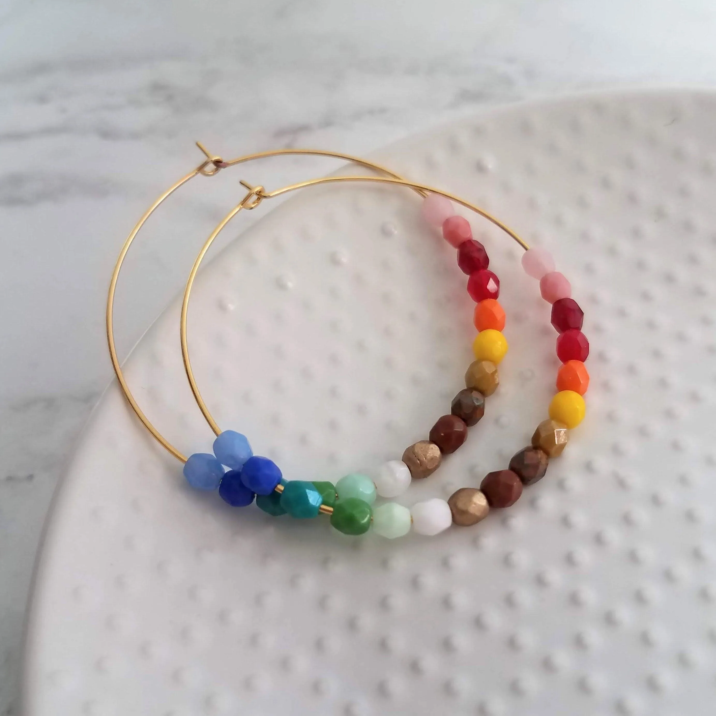 Rainbow Bead Earrings, large thin gold hoop, summer earring, beaded hoop, colorful earring, multicolor beads earring, rainbow earring, ombre