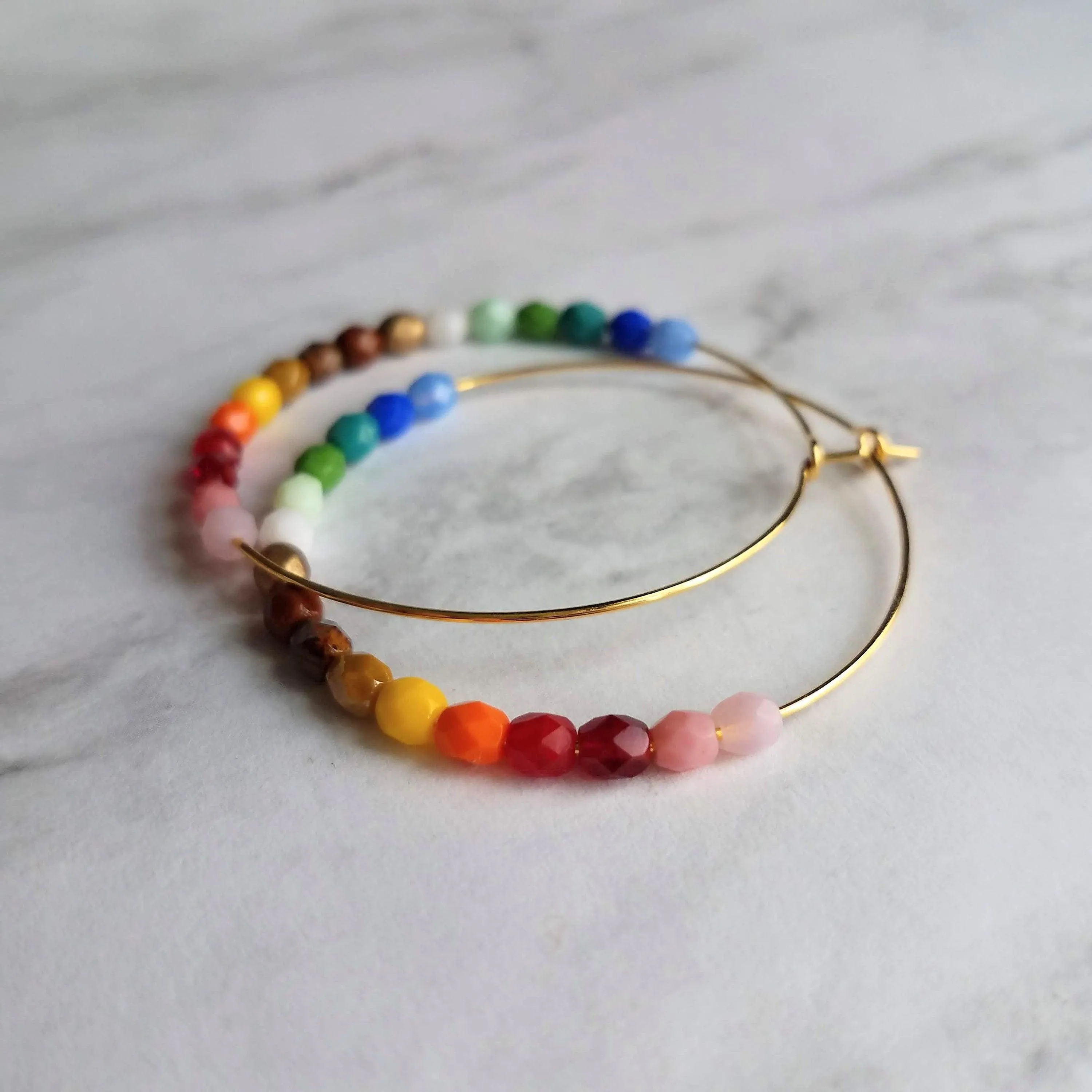 Rainbow Bead Earrings, large thin gold hoop, summer earring, beaded hoop, colorful earring, multicolor beads earring, rainbow earring, ombre