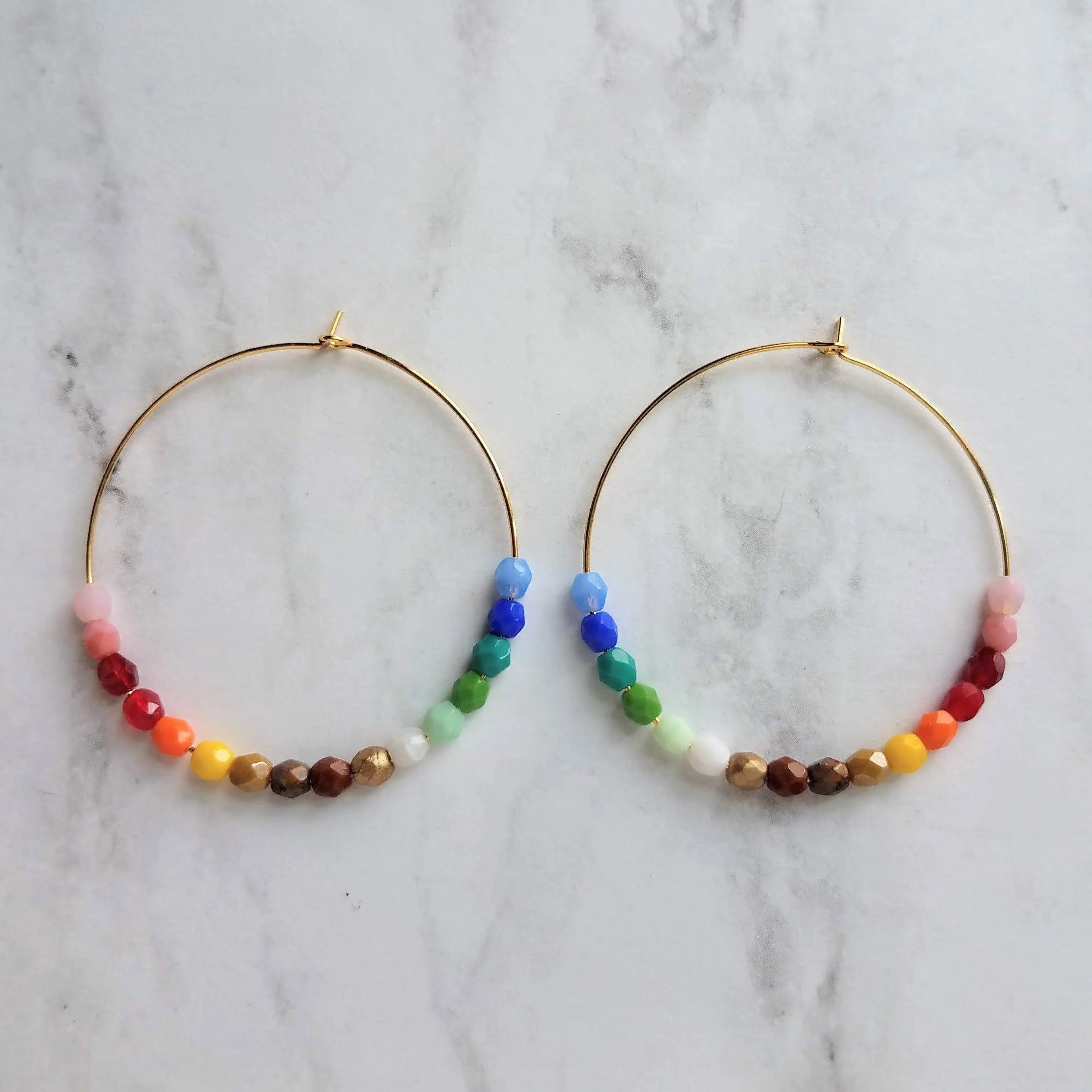 Rainbow Bead Earrings, large thin gold hoop, summer earring, beaded hoop, colorful earring, multicolor beads earring, rainbow earring, ombre