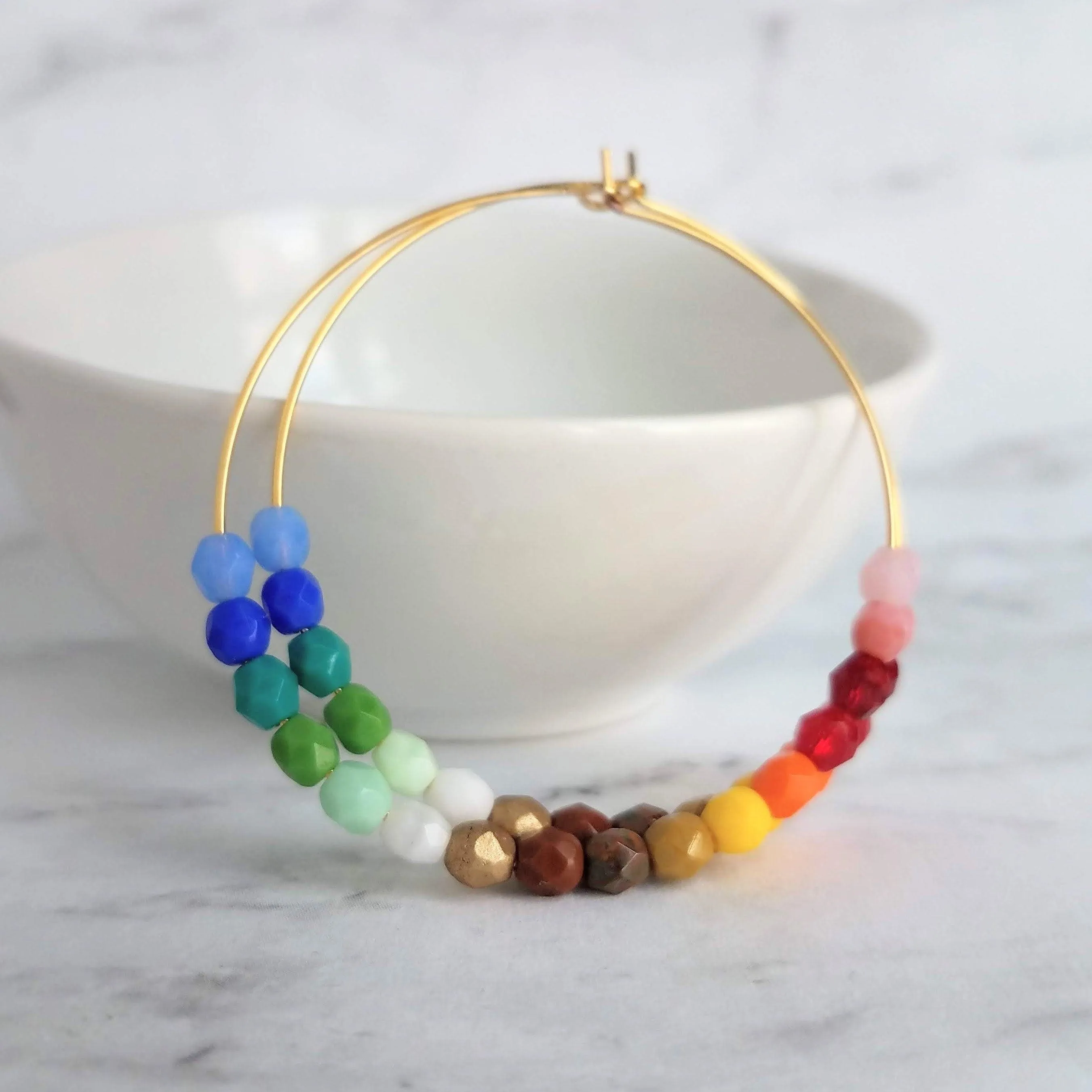 Rainbow Bead Earrings, large thin gold hoop, summer earring, beaded hoop, colorful earring, multicolor beads earring, rainbow earring, ombre