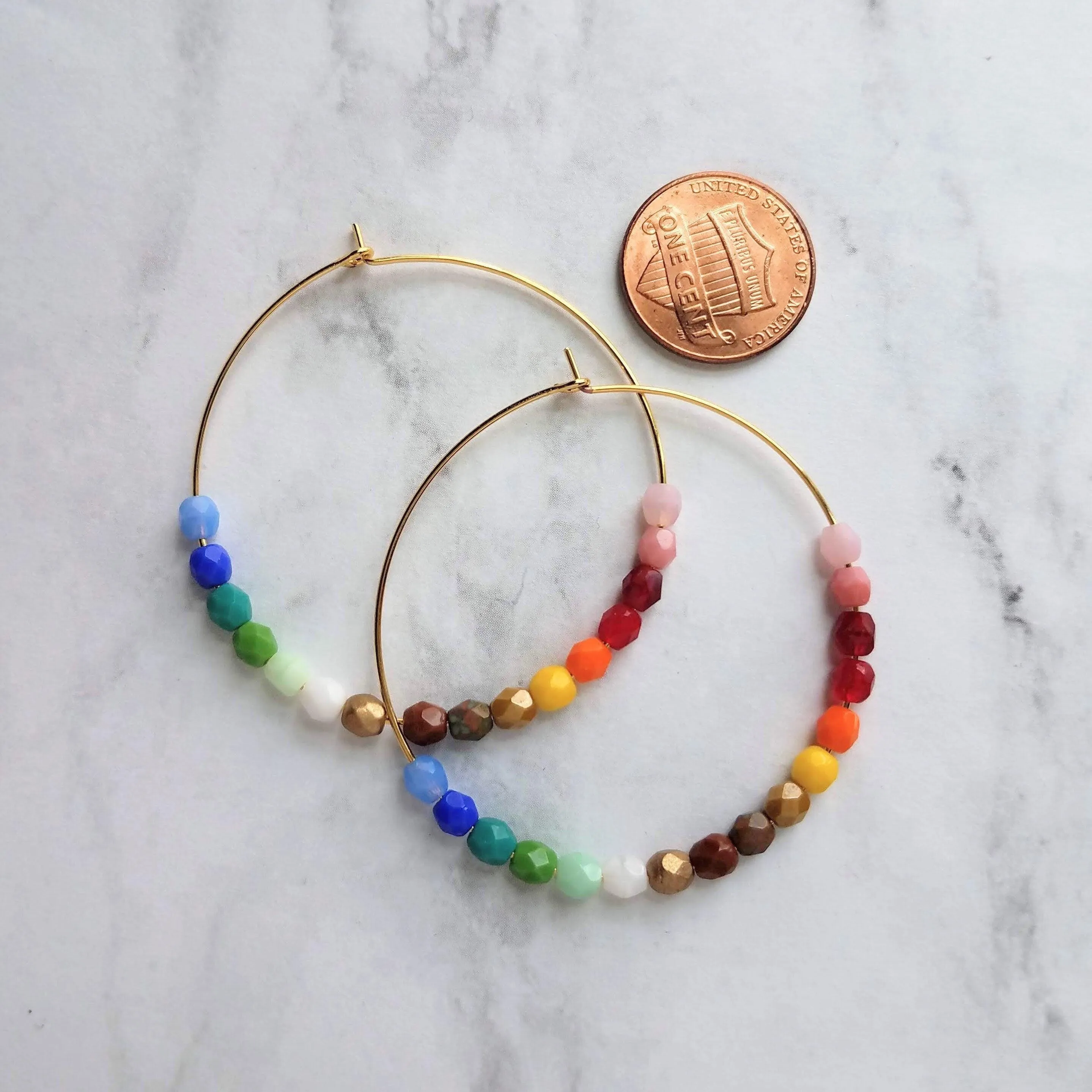 Rainbow Bead Earrings, large thin gold hoop, summer earring, beaded hoop, colorful earring, multicolor beads earring, rainbow earring, ombre