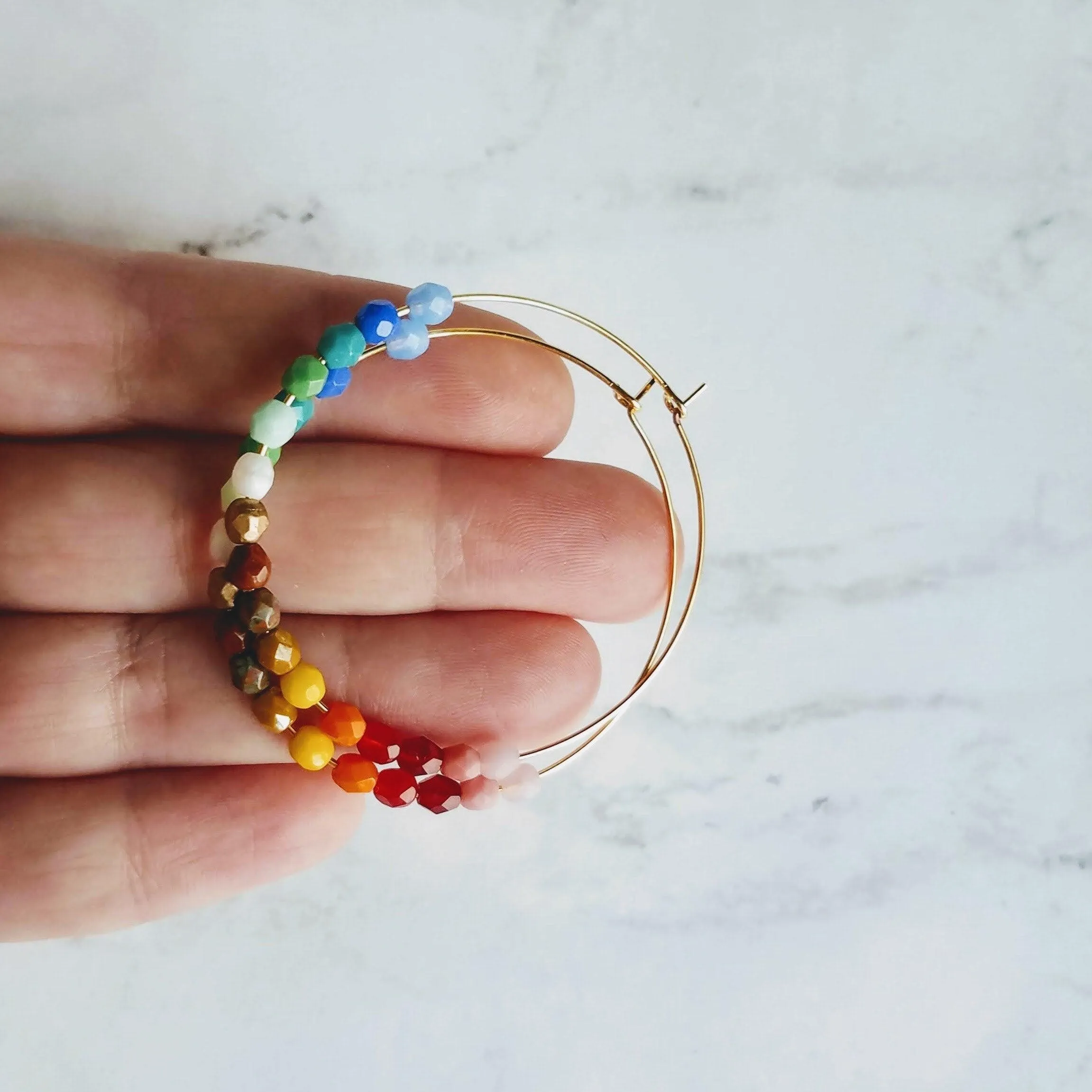 Rainbow Bead Earrings, large thin gold hoop, summer earring, beaded hoop, colorful earring, multicolor beads earring, rainbow earring, ombre