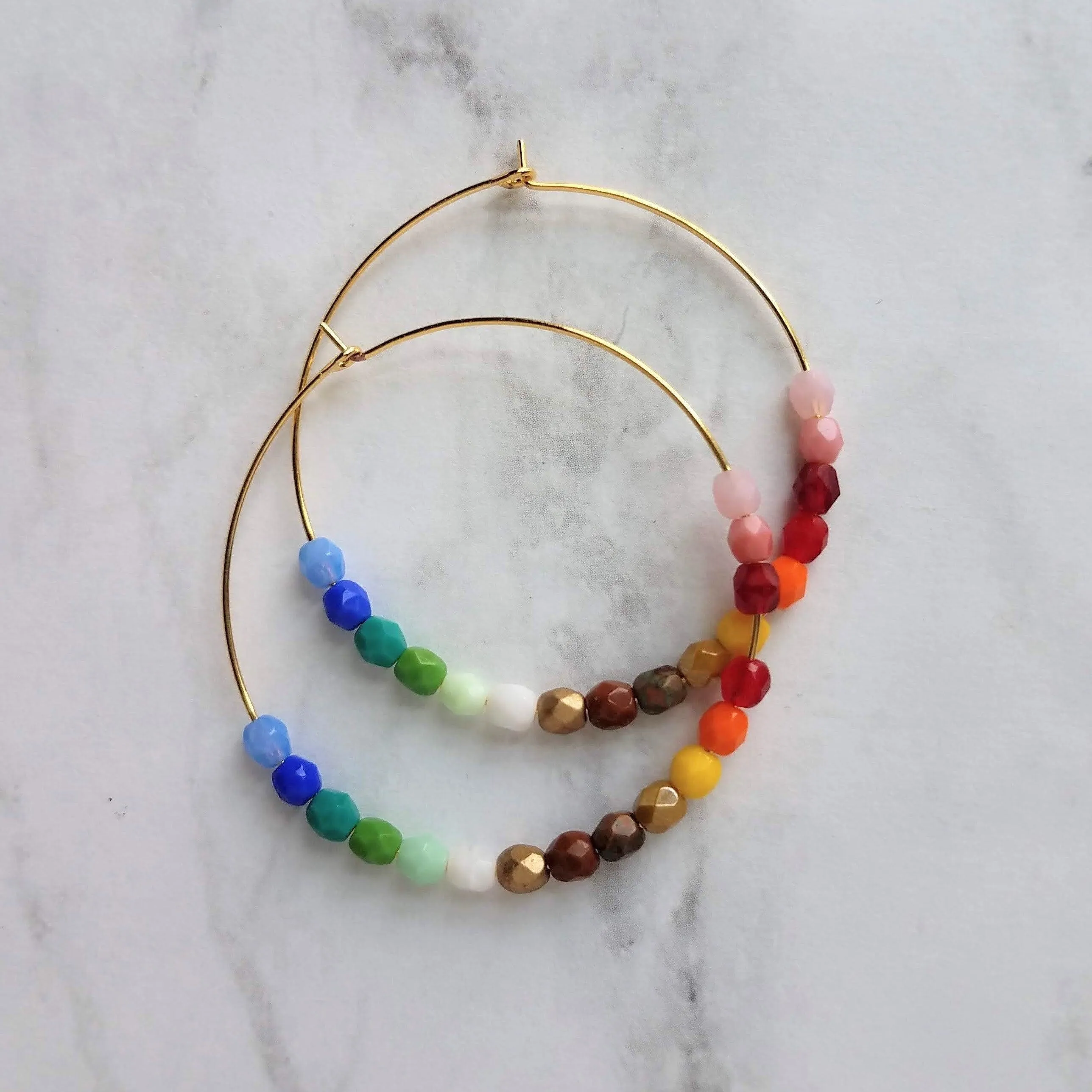 Rainbow Bead Earrings, large thin gold hoop, summer earring, beaded hoop, colorful earring, multicolor beads earring, rainbow earring, ombre