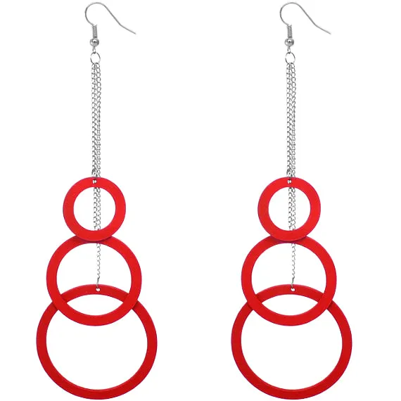 Red Wooden Cascade Drop Chain Hoop Earrings