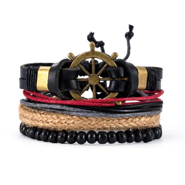 Retro Multi-layer Leather Bracelets For Man Wooden Beads Bracelet Handmade Owl Anchor Infinty Charm Bracelet Wrap Jewel
