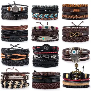 Retro Multi-layer Leather Bracelets For Man Wooden Beads Bracelet Handmade Owl Anchor Infinty Charm Bracelet Wrap Jewel