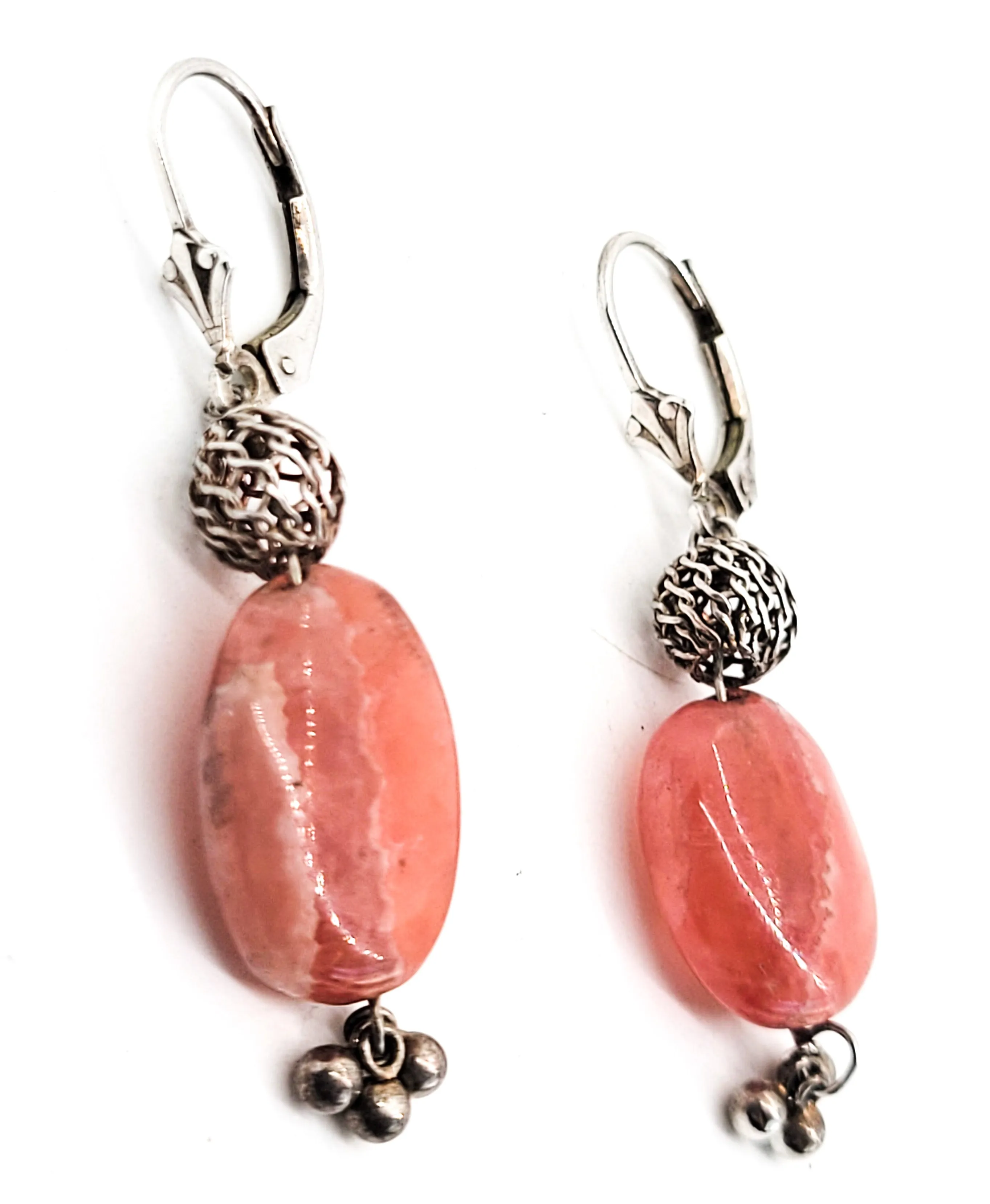 Rhodochrosite banded pink gemstone vintage drop sterling silver earrings