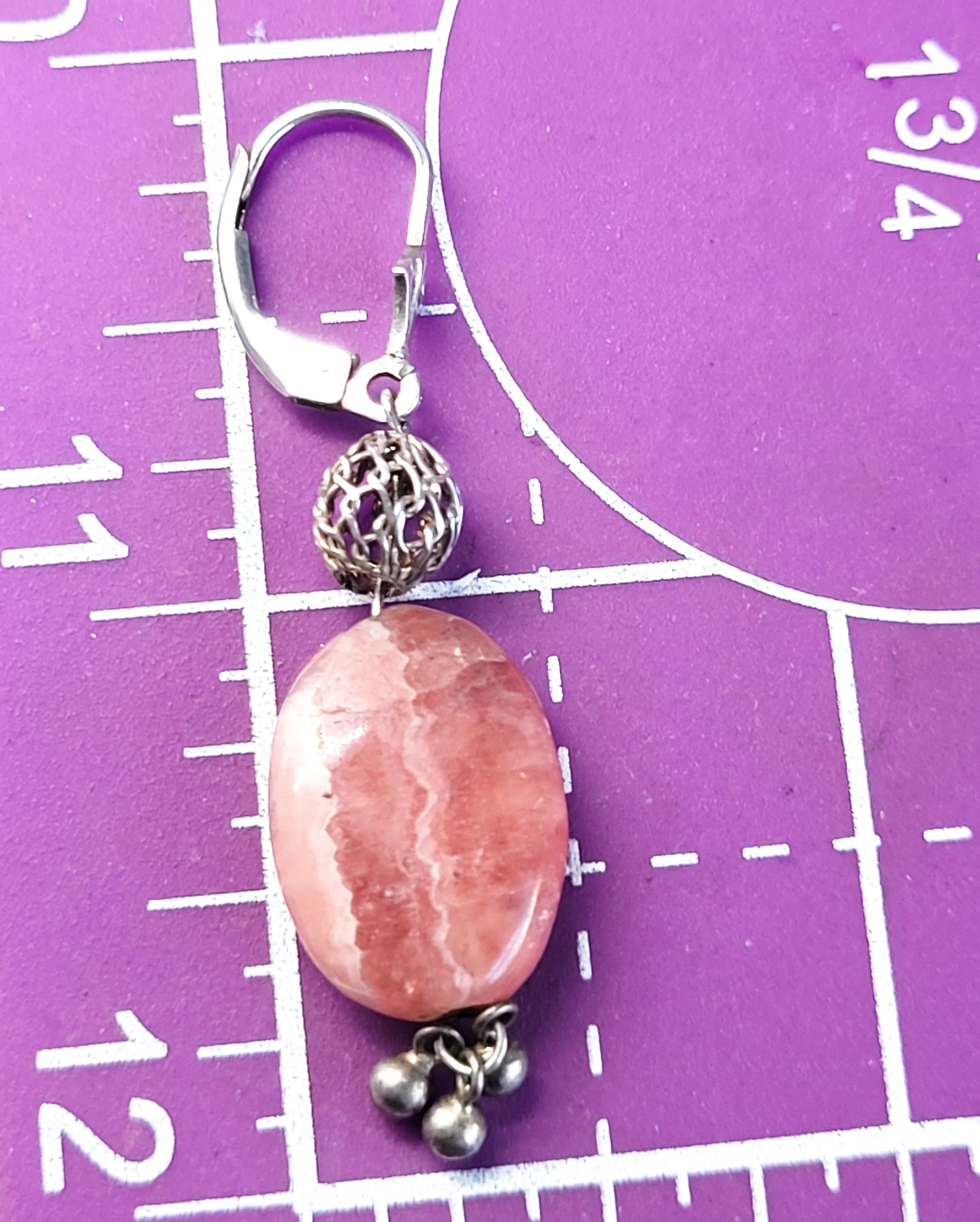 Rhodochrosite banded pink gemstone vintage drop sterling silver earrings