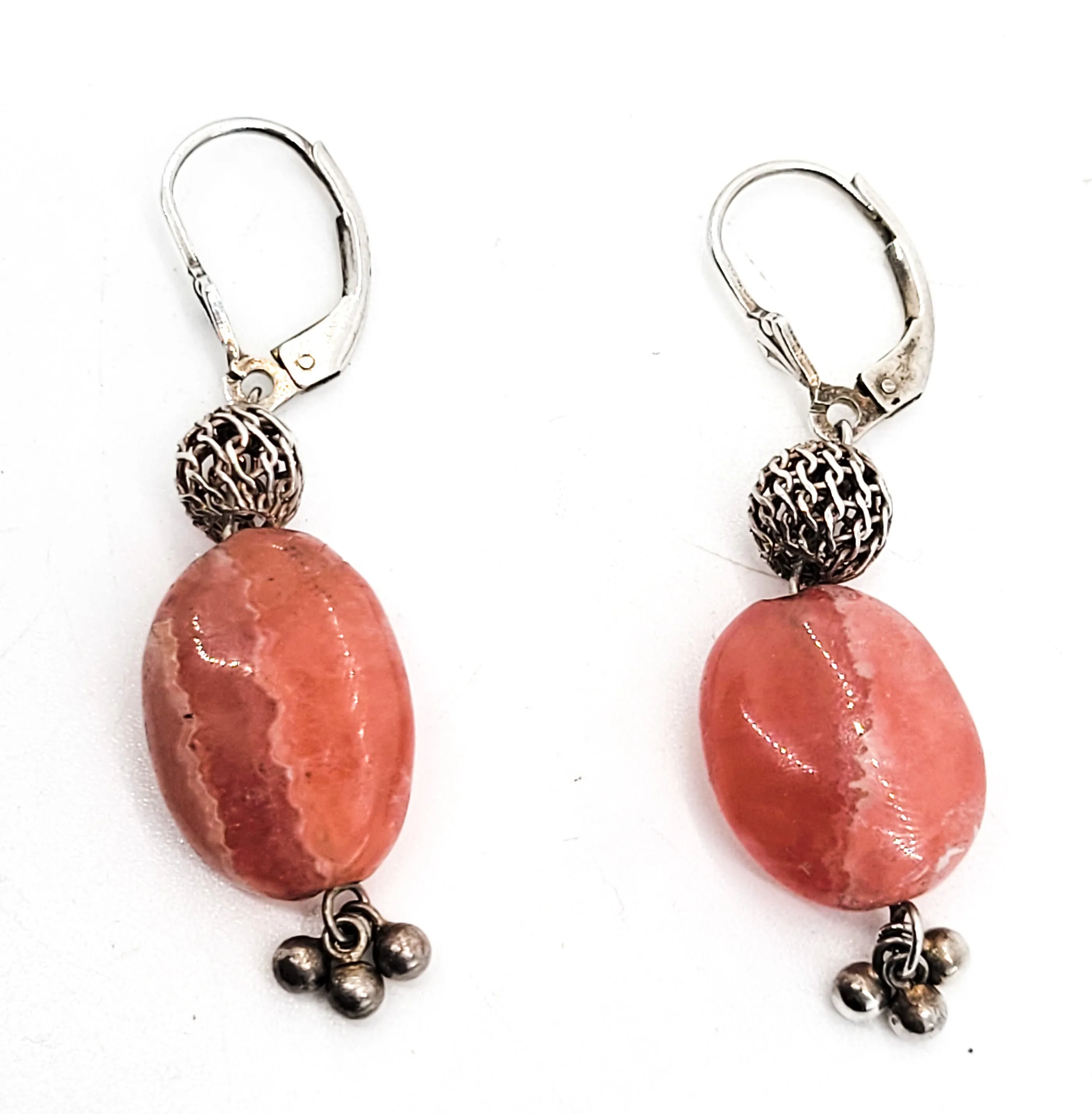 Rhodochrosite banded pink gemstone vintage drop sterling silver earrings