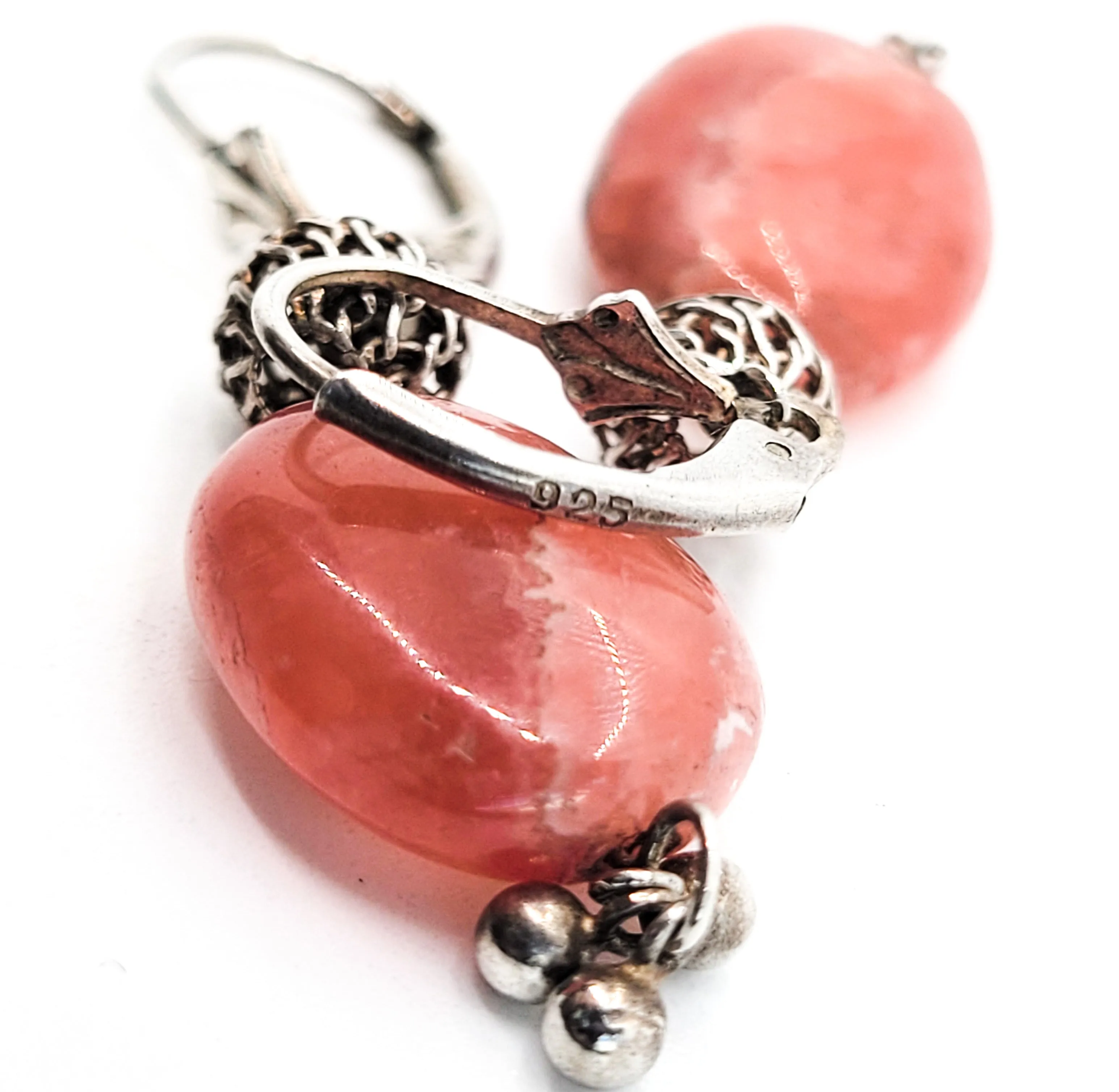 Rhodochrosite banded pink gemstone vintage drop sterling silver earrings