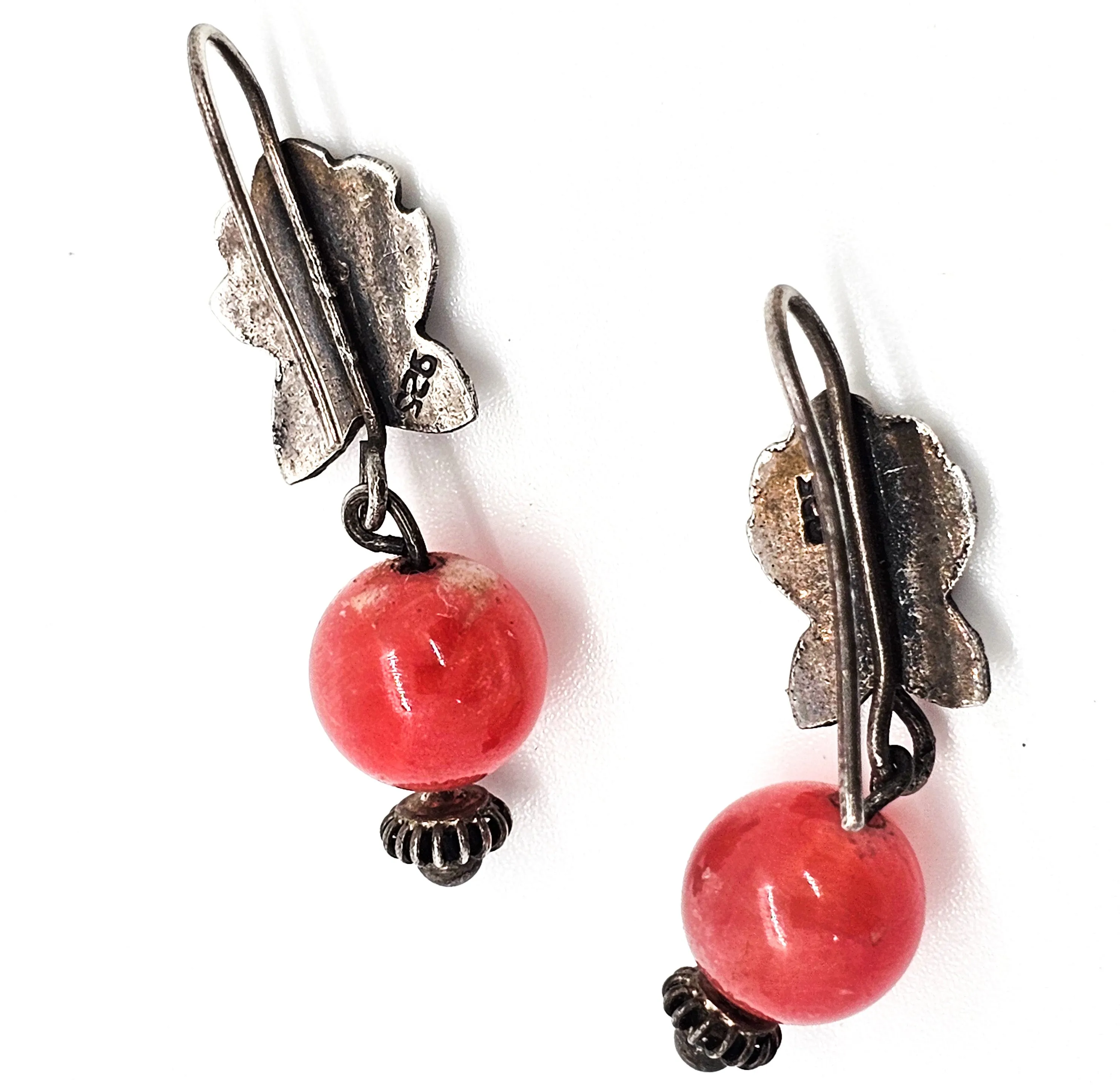 Rhodochrosite pink gemstone vintage sterling silver floral drop earrings