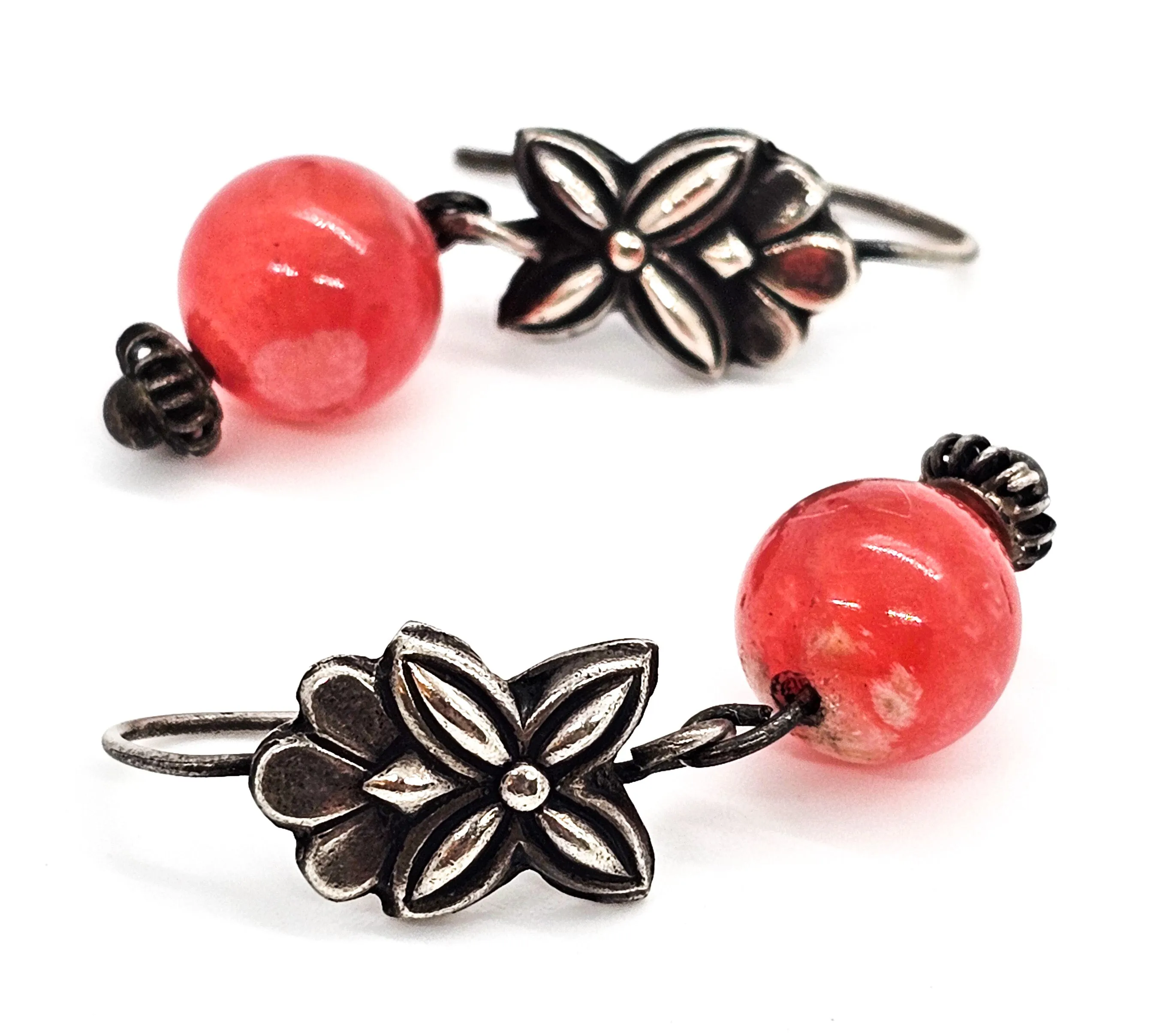 Rhodochrosite pink gemstone vintage sterling silver floral drop earrings