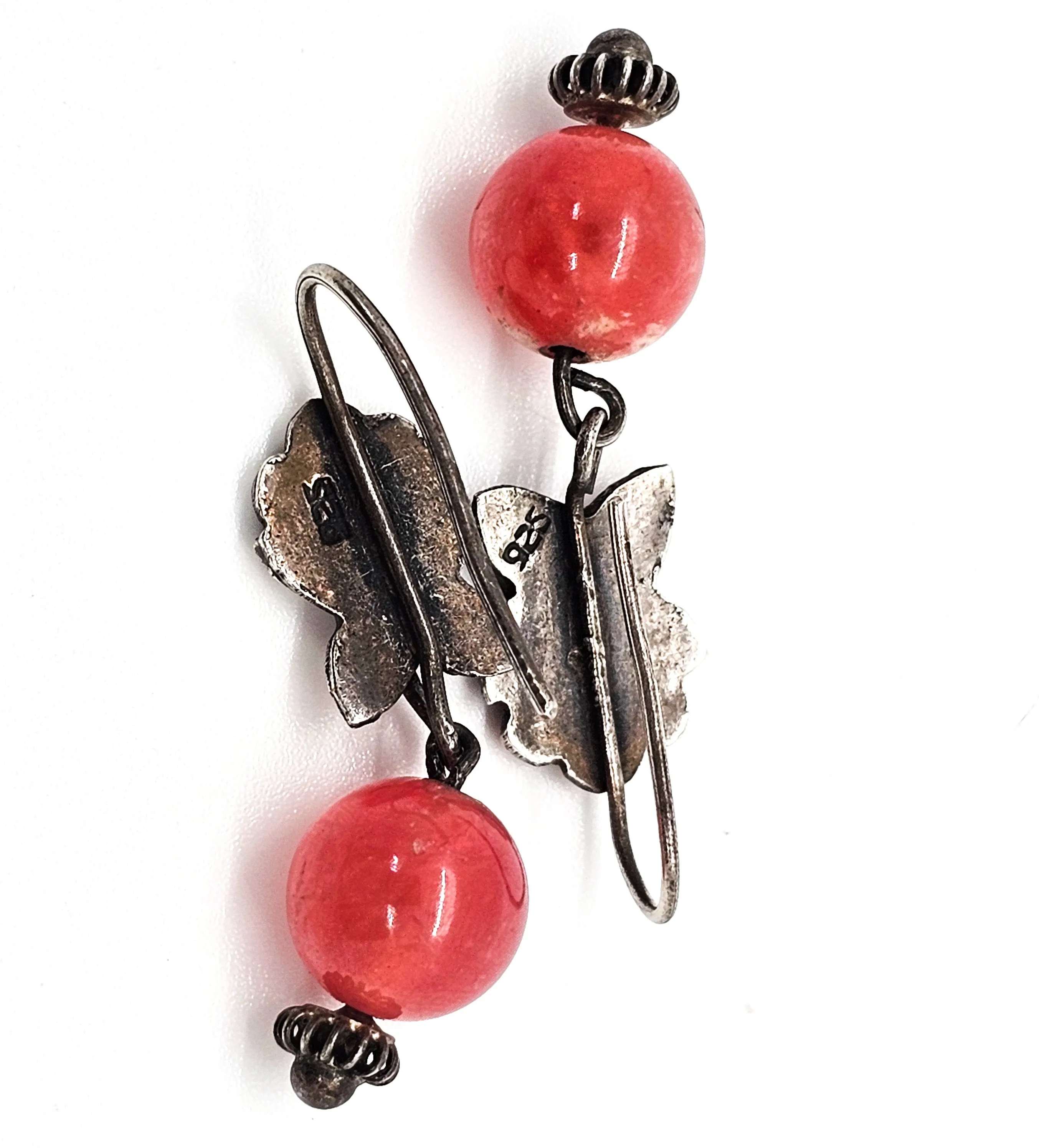 Rhodochrosite pink gemstone vintage sterling silver floral drop earrings