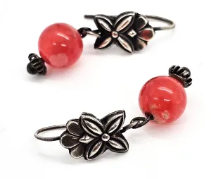 Rhodochrosite pink gemstone vintage sterling silver floral drop earrings