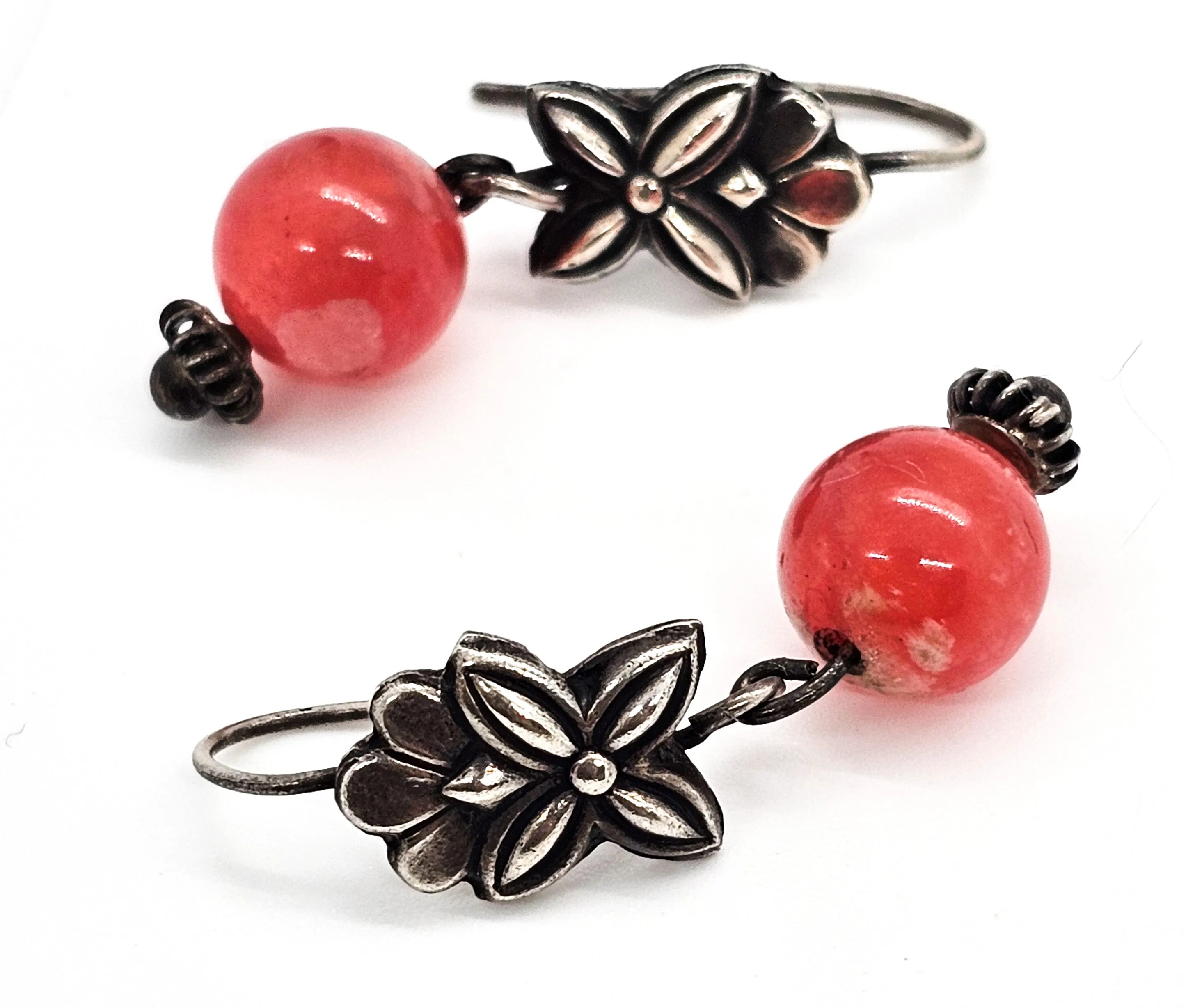 Rhodochrosite pink gemstone vintage sterling silver floral drop earrings