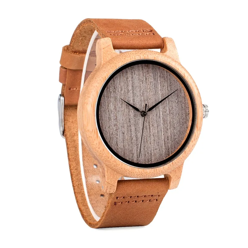 Round Bamboo Wood Watches With Leather Band