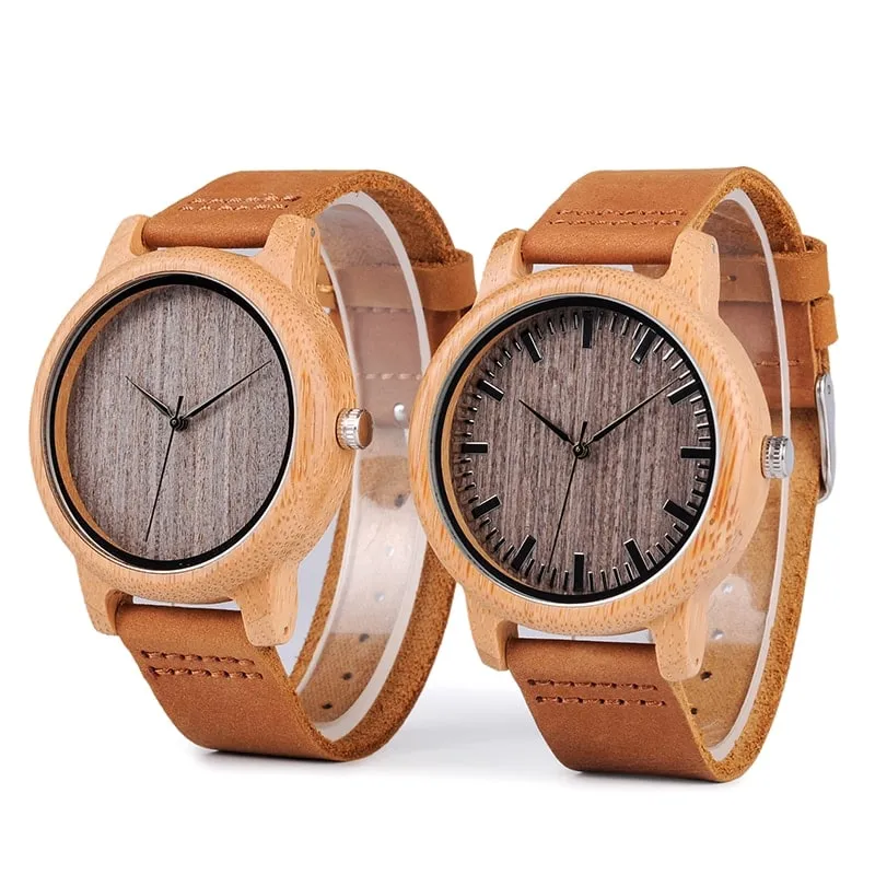 Round Bamboo Wood Watches With Leather Band