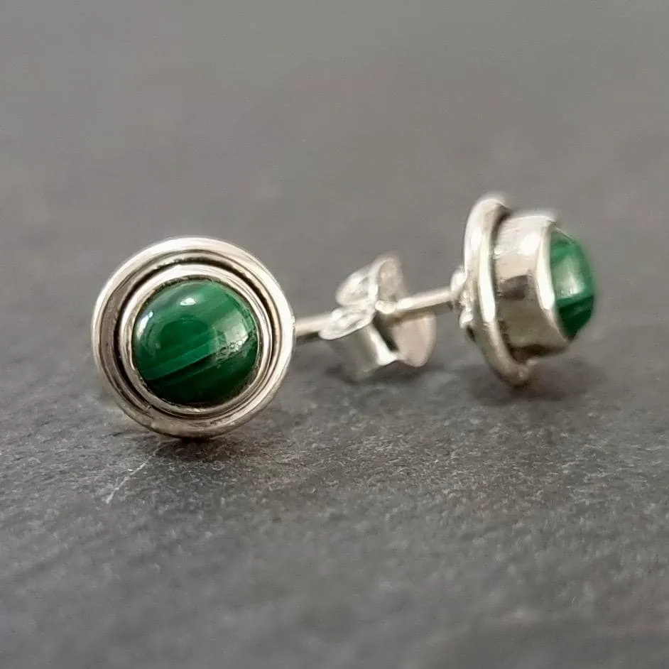 Round Malachite Stud Earrings, 925 Sterling Silver, S16MAL