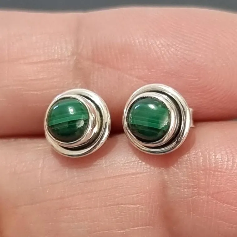 Round Malachite Stud Earrings, 925 Sterling Silver, S16MAL