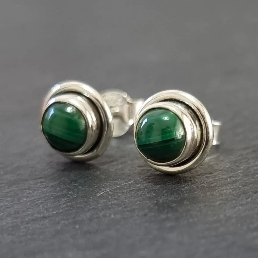 Round Malachite Stud Earrings, 925 Sterling Silver, S16MAL