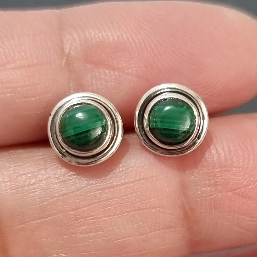 Round Malachite Stud Earrings, 925 Sterling Silver, S16MAL