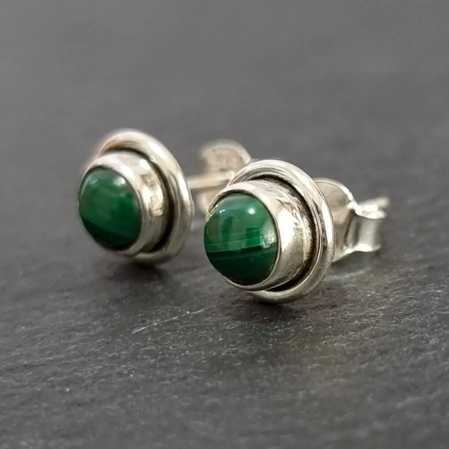 Round Malachite Stud Earrings, 925 Sterling Silver, S16MAL
