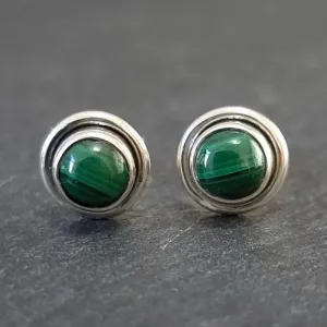 Round Malachite Stud Earrings, 925 Sterling Silver, S16MAL