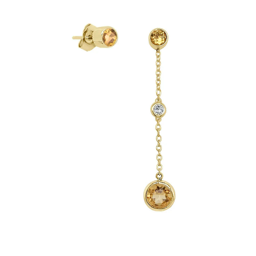 Round Shape Gemstone & 0.04Ct Diamond Mismatched Earring Set in 14K Gold