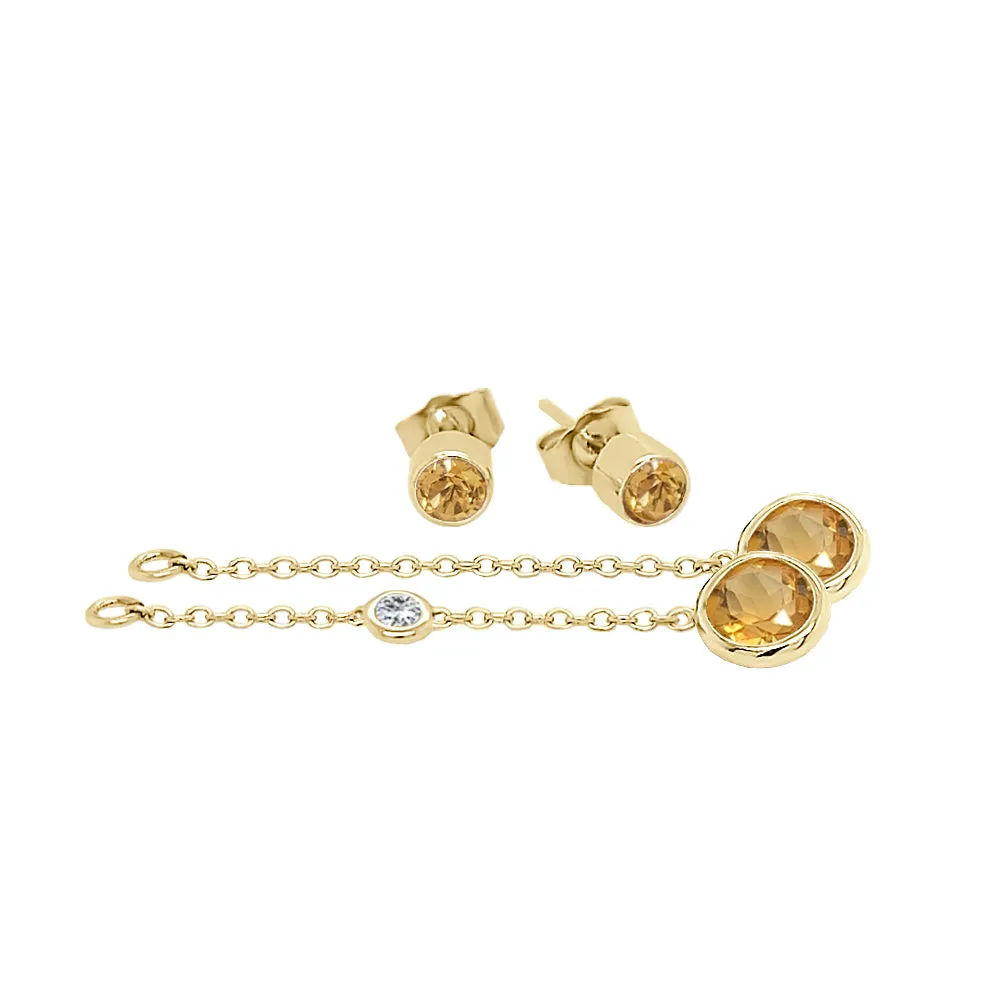 Round Shape Gemstone & 0.04Ct Diamond Mismatched Earring Set in 14K Gold