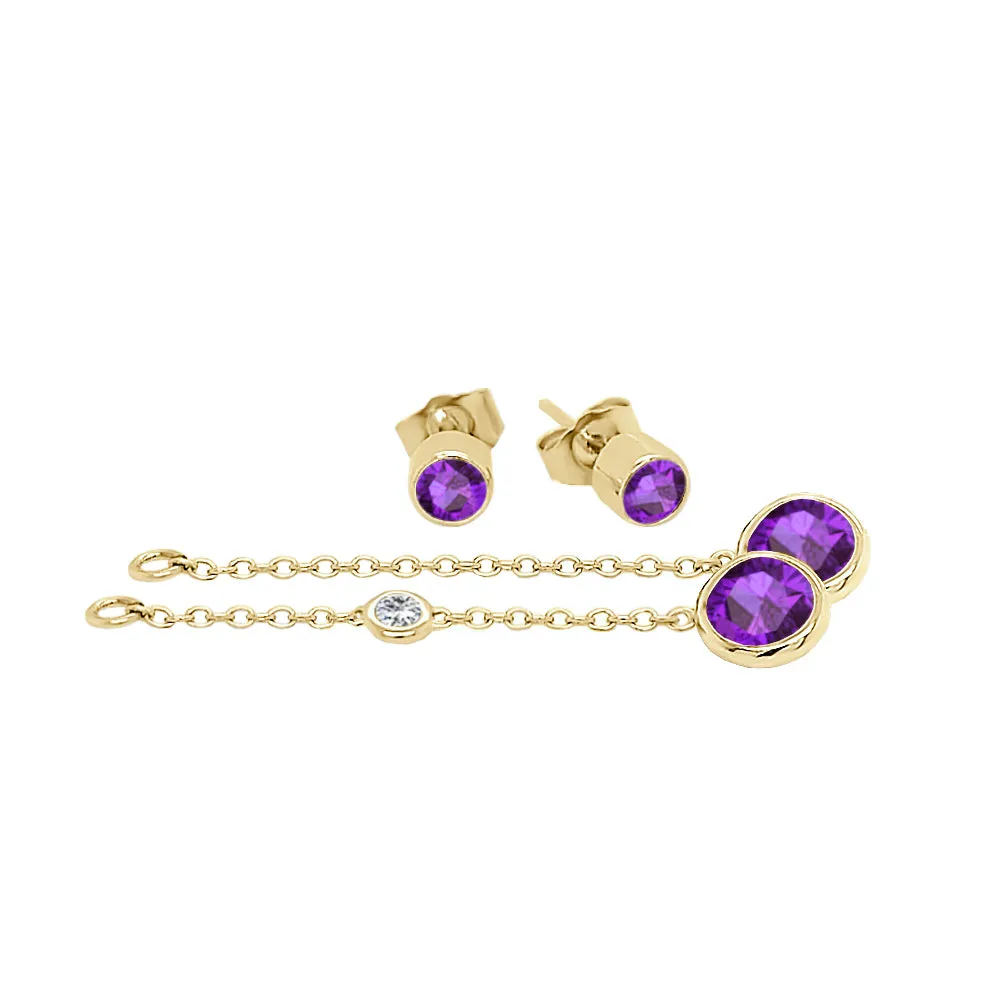 Round Shape Gemstone & 0.04Ct Diamond Mismatched Earring Set in 14K Gold