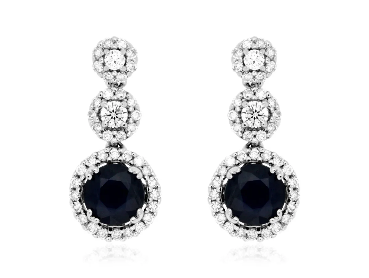 Sapphire and Diamond Three Stone Drop Earrings