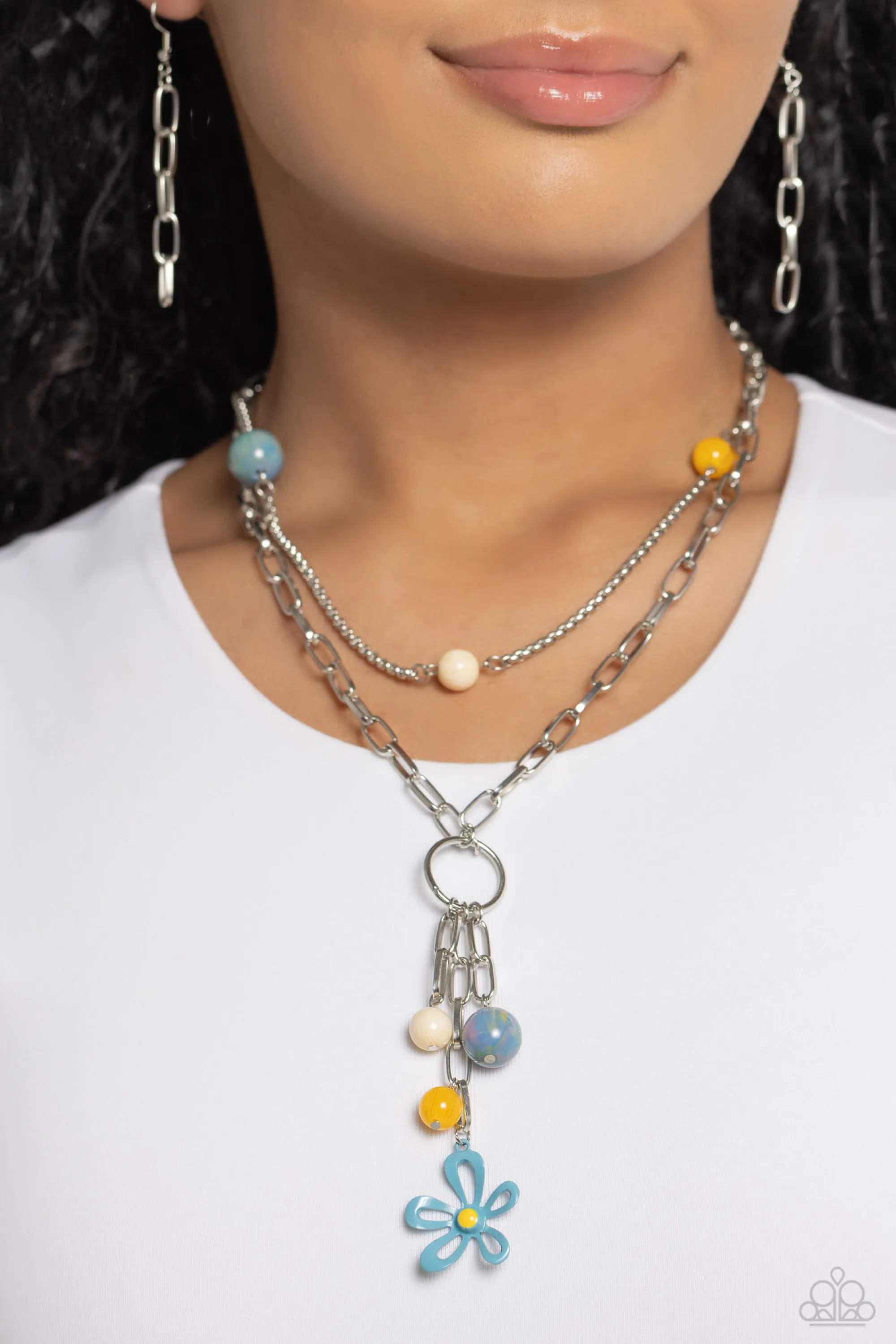 Seize the Swirls - Blue - Flower Pendant Multicolored Bead Tiered Paparazzi Short Necklace