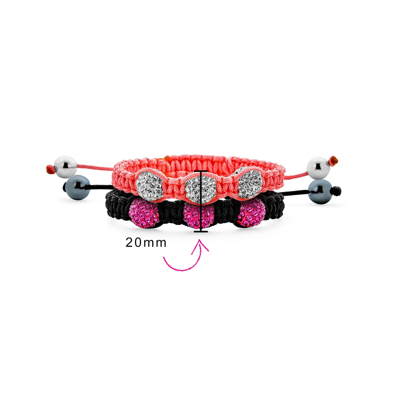 Set of 2 Pink Black Crystal Ball Strand Bracelet for Small Wrist Stackable Cord